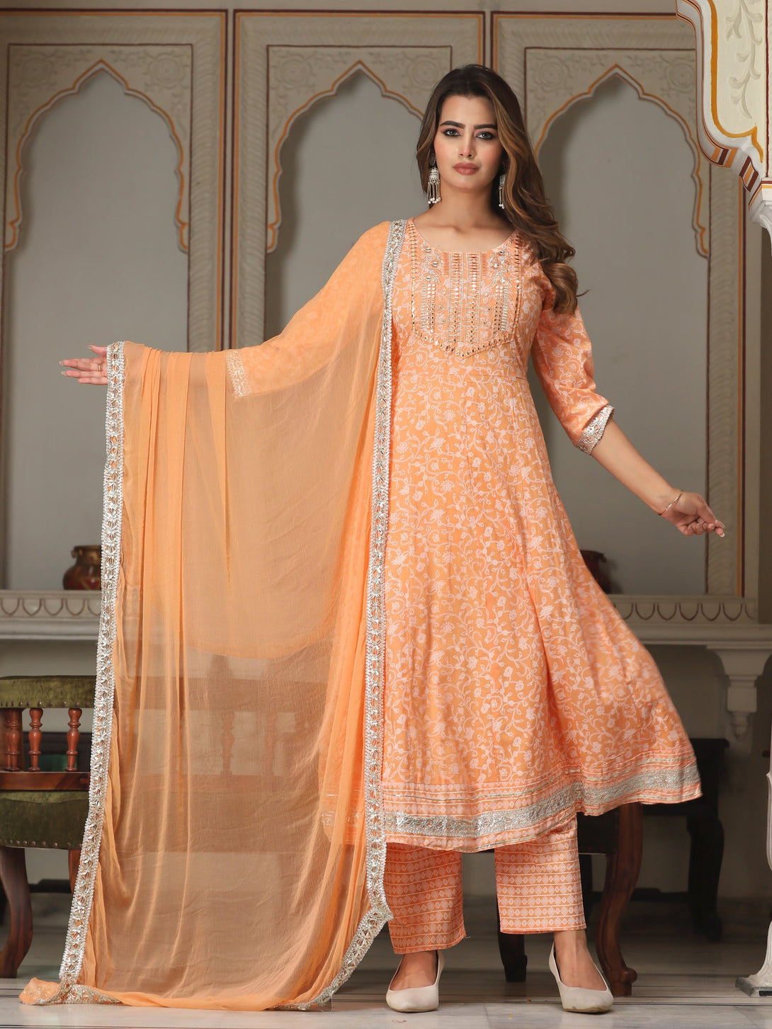 Women's Anarkali Rayon Printed Embroidered Kurta With Pant And Dupatta - Singni