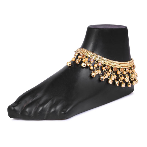 Women's Gold Plated Anklets With Ghunghru And Stone   - Tehzeeb