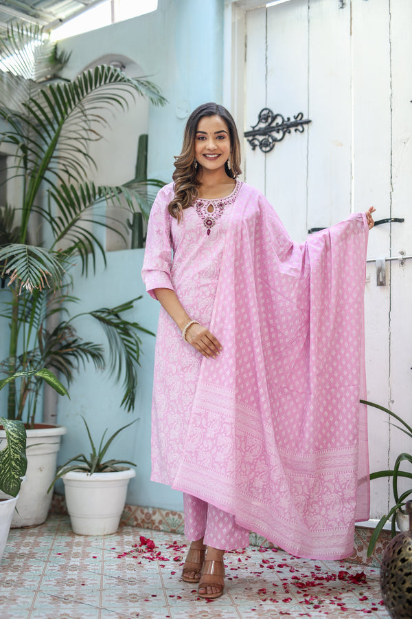 Women's Three-Piece Pink Hand Work Cotton Kurta Set With Dupatta - Benaaz