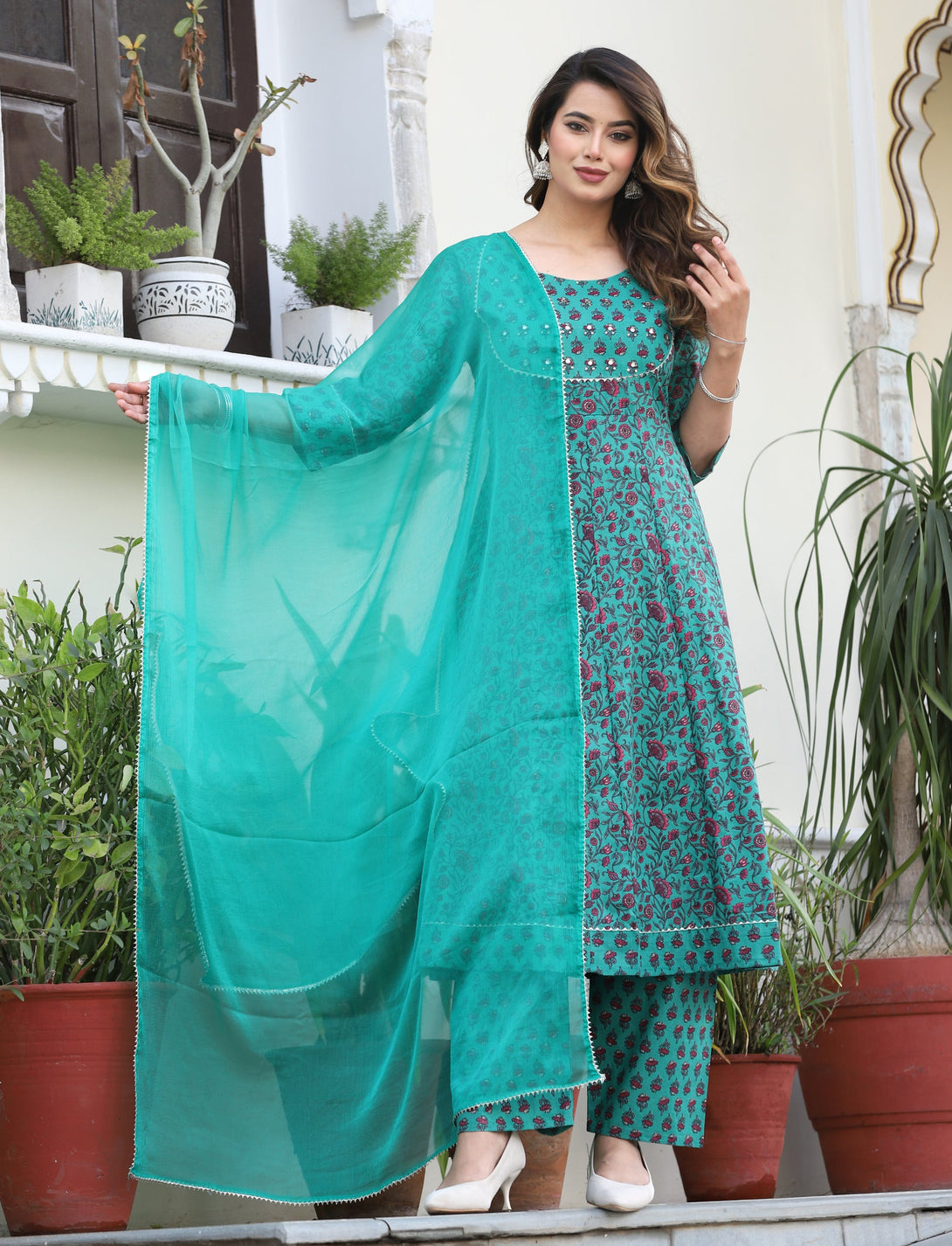 Women's Anarkali Cotton Printed Kurta With Pants And Dupatta - Singni