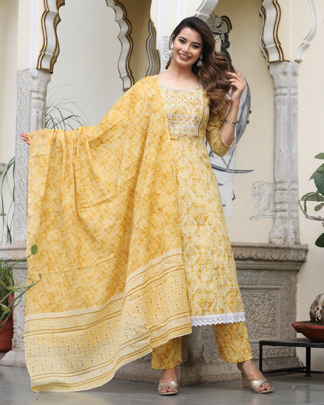 Women's Anrakali Cotton Printed Embroidered Kurta With Pant And Dupatta - Singni