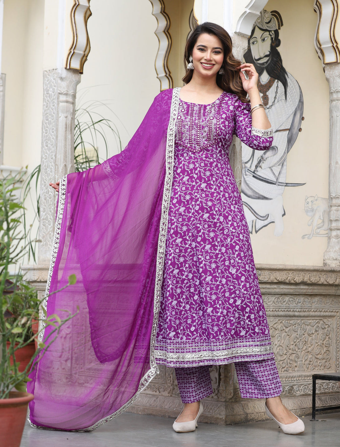 Women's Anarkali Rayon Printed Embroidered Kurta With Pants And Dupatta  - Singni