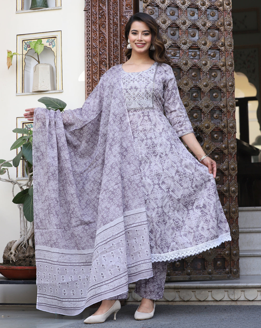 Women's Anrakali Cotton Printed Embroidered Kurta With Pant And Dupatta - Singni