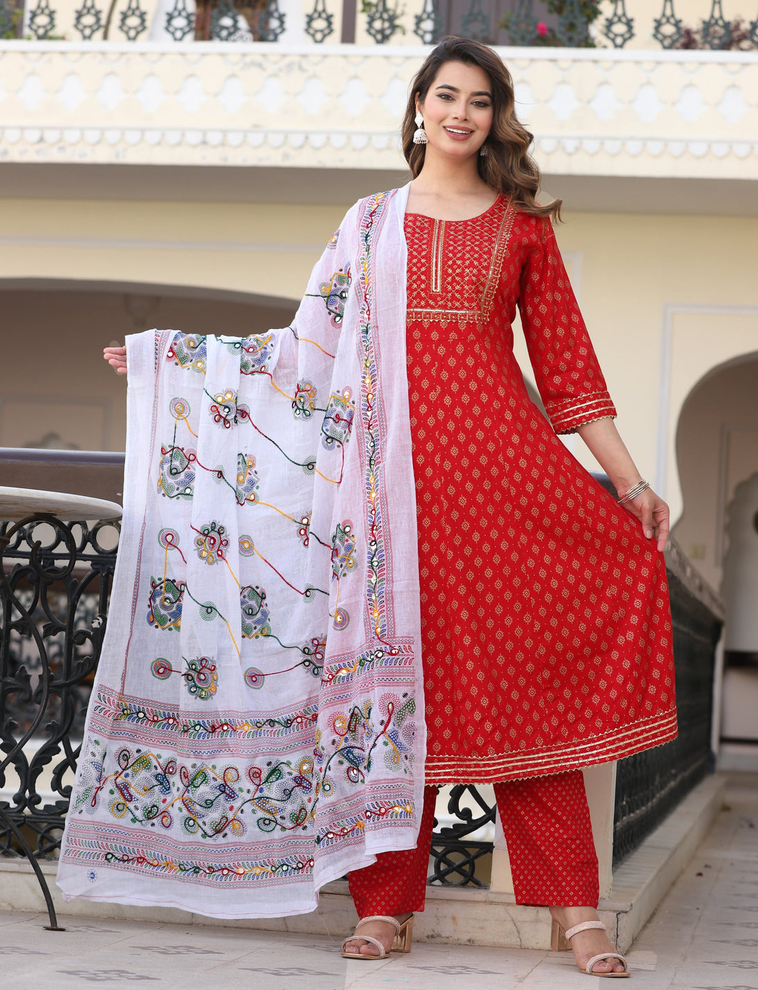 Women's Anarkali Rayon Printed Embroidered Kurta With Pants And Dupatta  - Singni