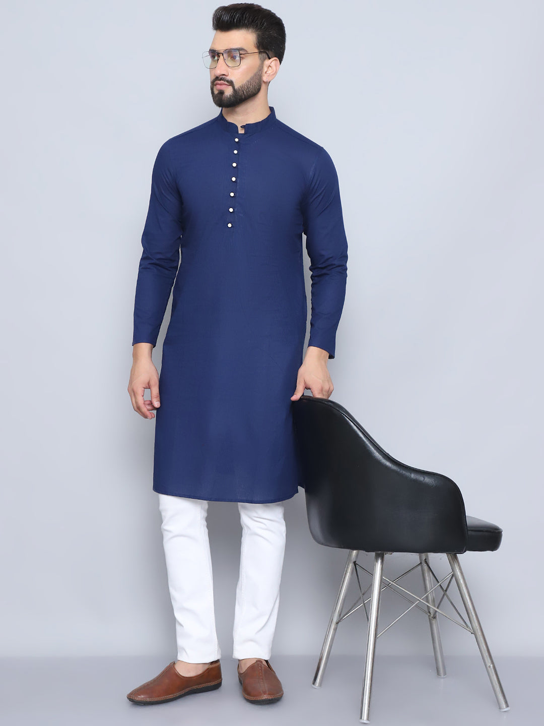 Men's Blue Pure Cotton Kurta - Even Apparels