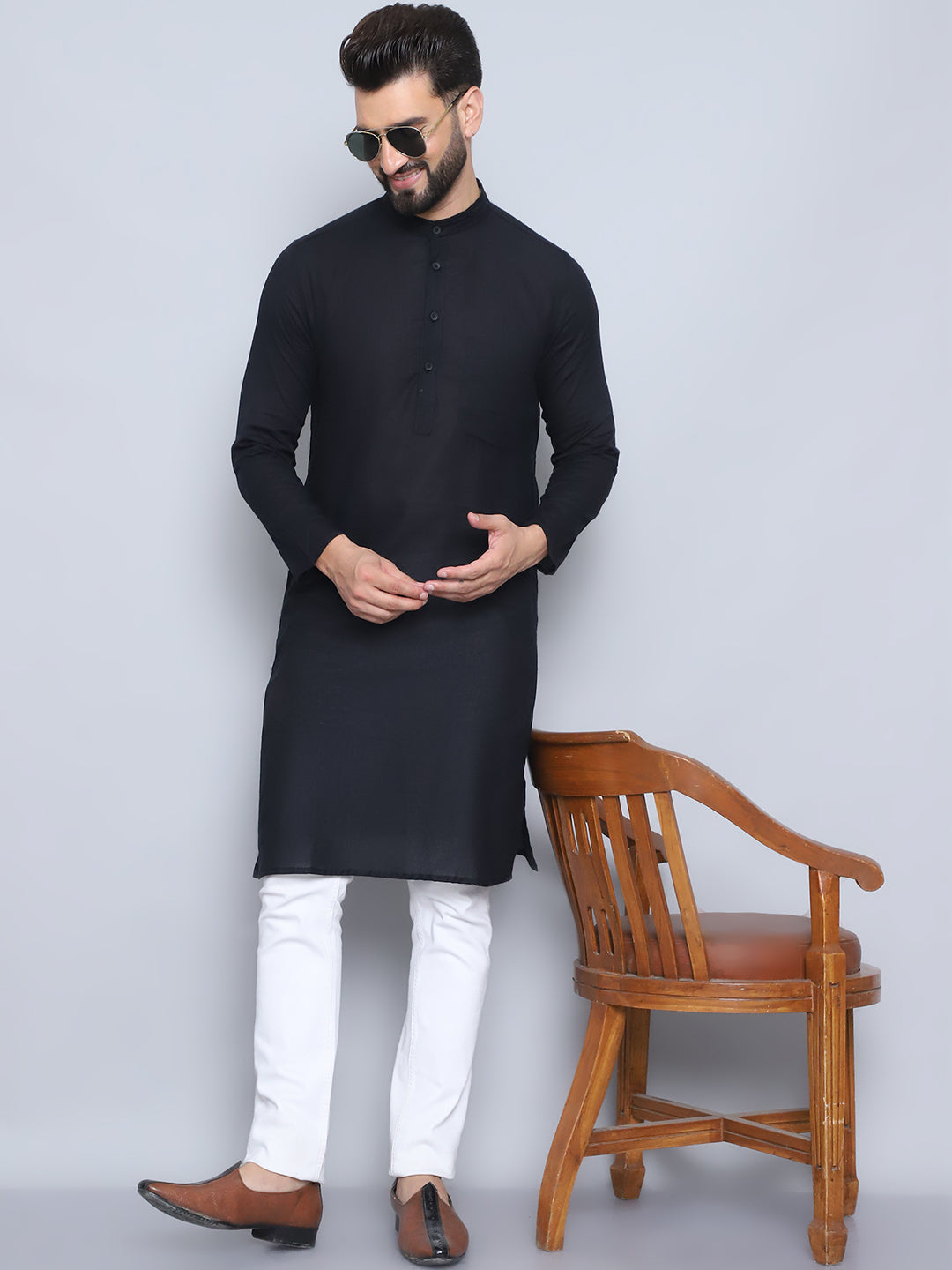 Men's Black Pure Cotton Kurta - Even Apparels