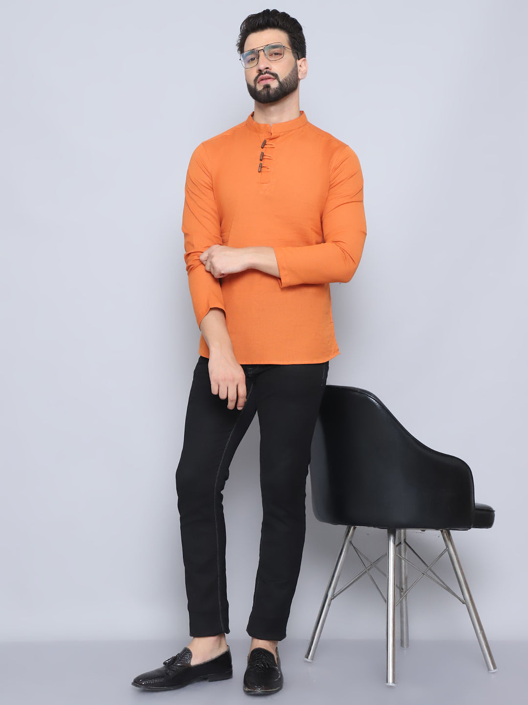 Men's Orange Pure Cotton Loop Wooden Button Kurta - Even Apparels