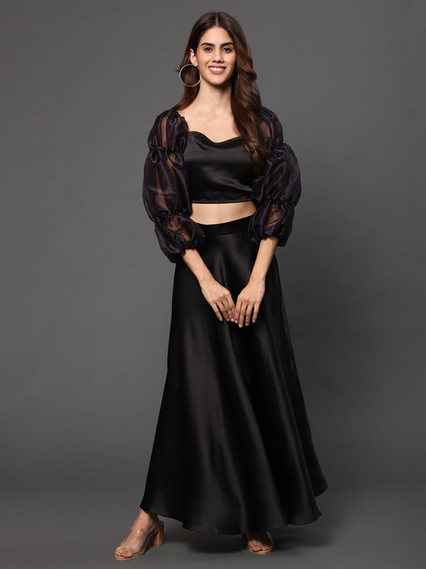 Women's Black Satin Skirt Top - Khumaar- Shuchi Bhutani