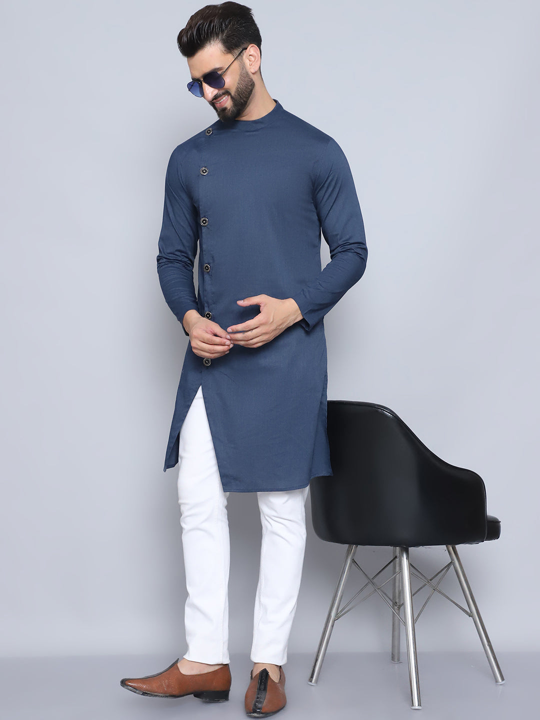 Men's Blue Pure Cotton Sherwani Kurta - Even Apparels