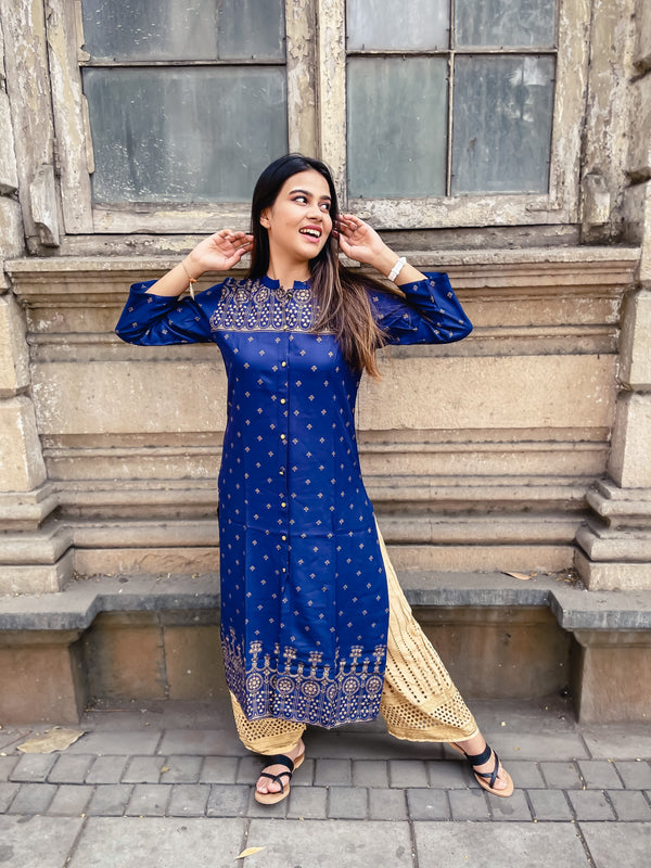 Jashvi Women Navy Blue & Golden Block Print Straight Kurta