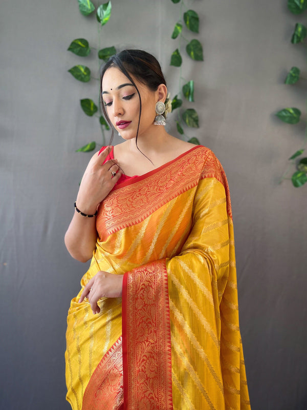 Women's Organza Leheriya Contrast Woven Saree Orange Yellow - TASARIKA