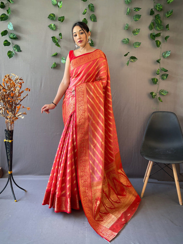 Women's Organza Leheriya Contrast Woven Saree Dark Peach - TASARIKA