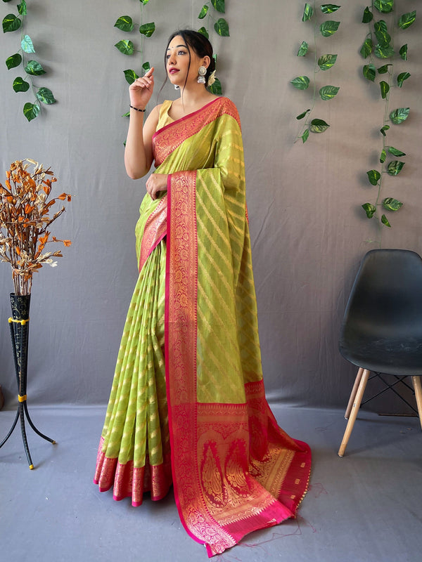 Women's Organza Leheriya Contrast Woven Saree Paroot Green - TASARIKA