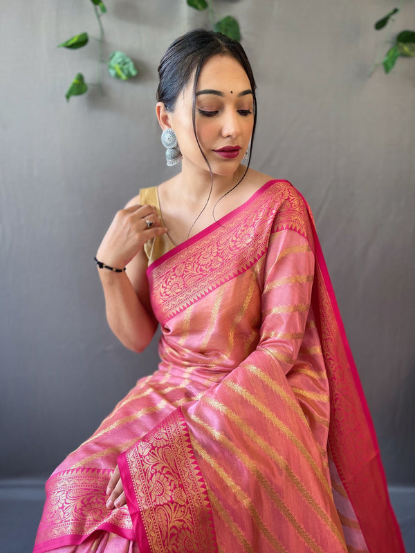 Women's Organza Leheriya Contrast Woven Saree Rosy Pink - TASARIKA