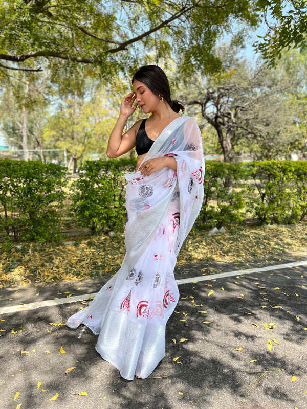 Women's White Embroidery Saree - VAMSEE