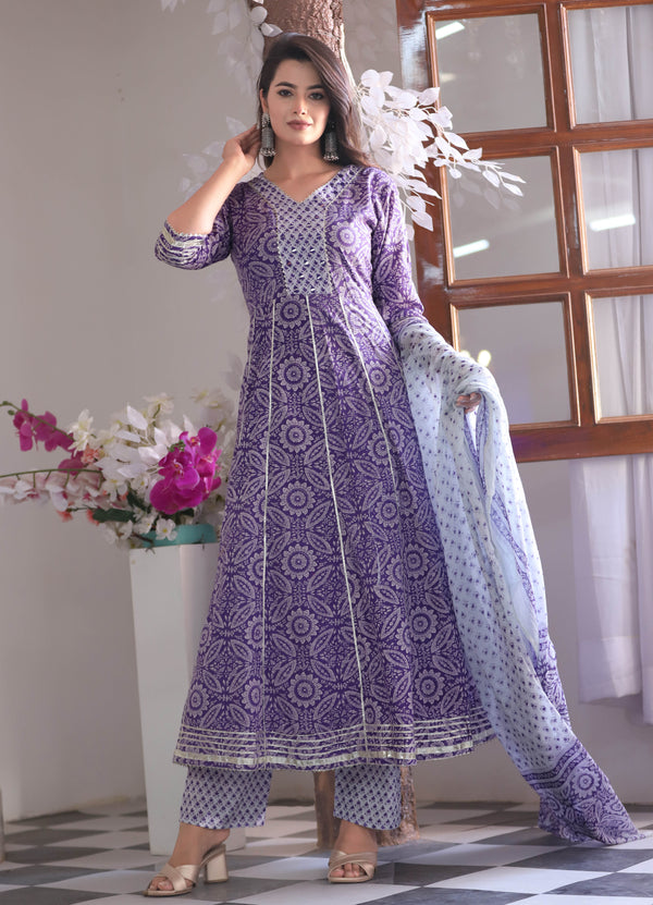 Women's Anarkali Cotton Printed Embroidered Kurta With Pants And Dupatta - Singni