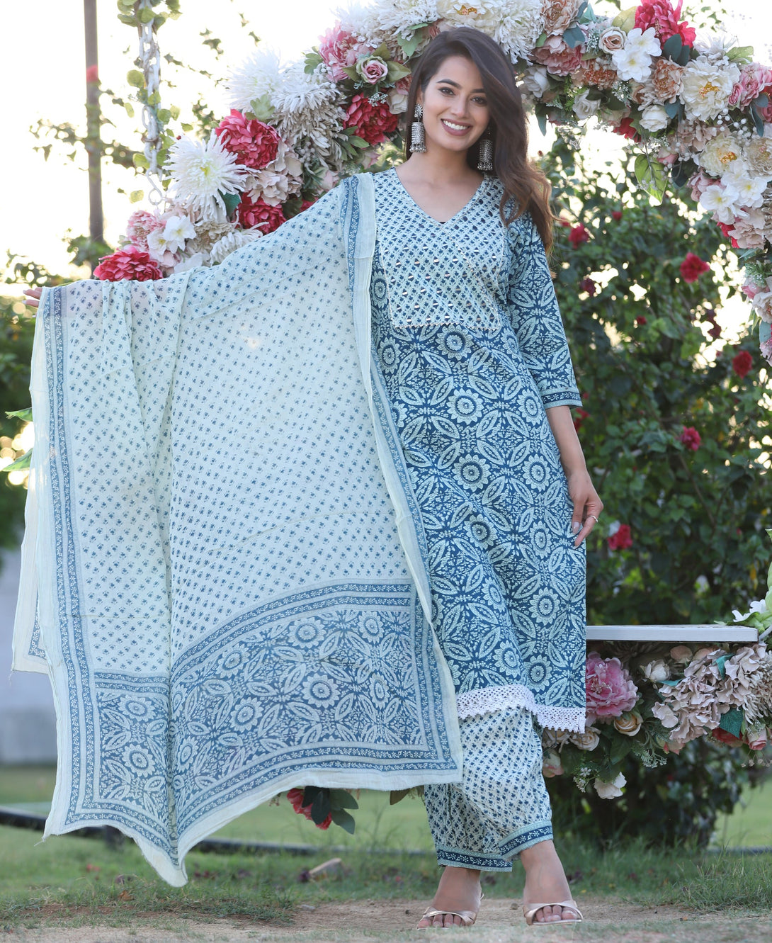 Women's Straight Cotton Printed Embroidered Kurta With Pants And Dupatta - Singni