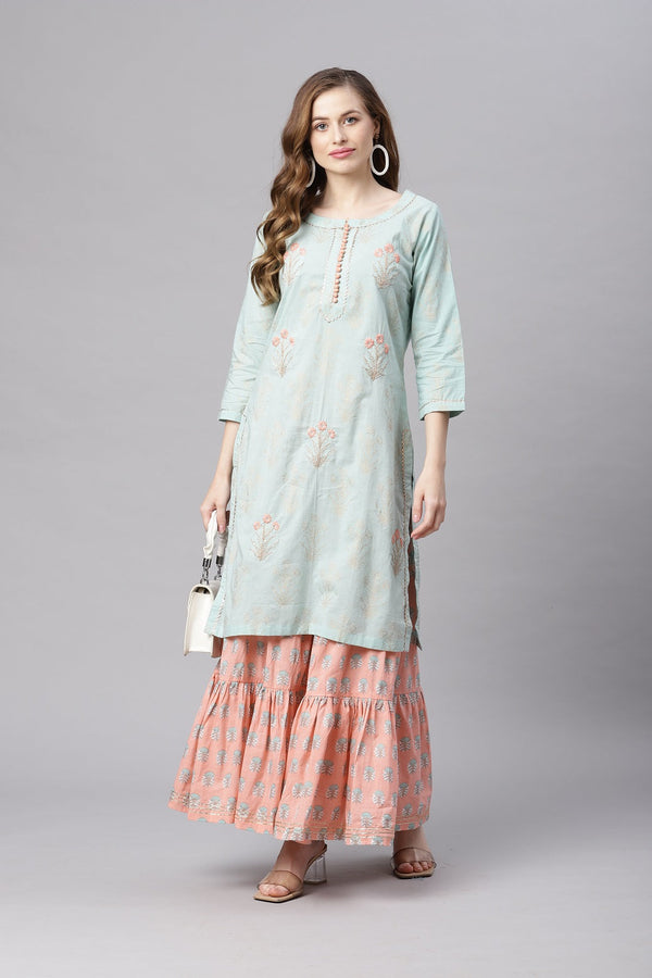 Women's Sea Green & Peach Cotton Kurta Sharara Set - Wahenoor