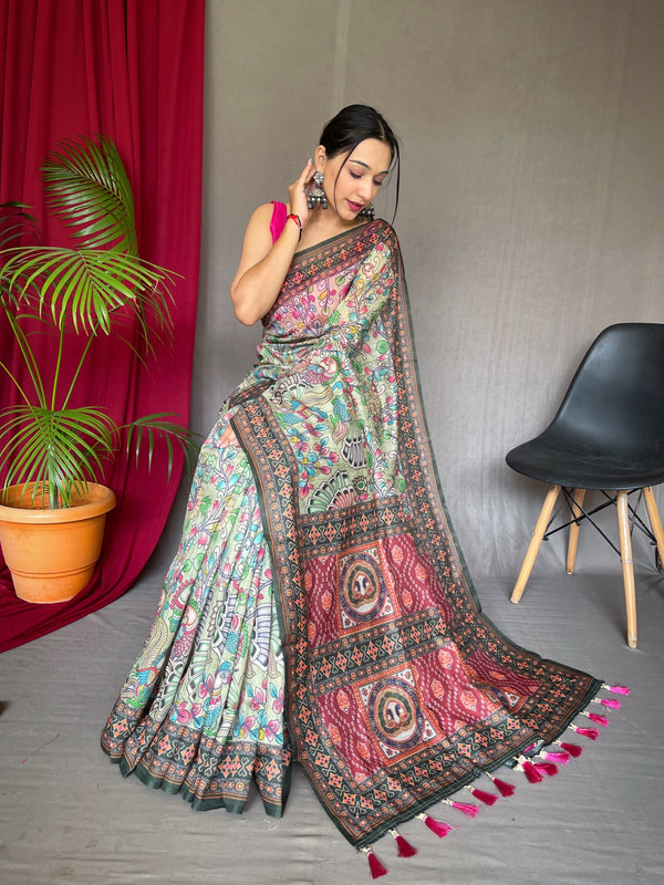 Women's Cotton Bandhani Kalamkari Printed Saree Pista - TASARIKA