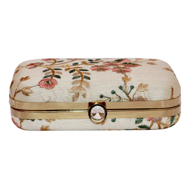 Women's Beige Color tulle Embroidered Faux Silk Clutch - VASTANS