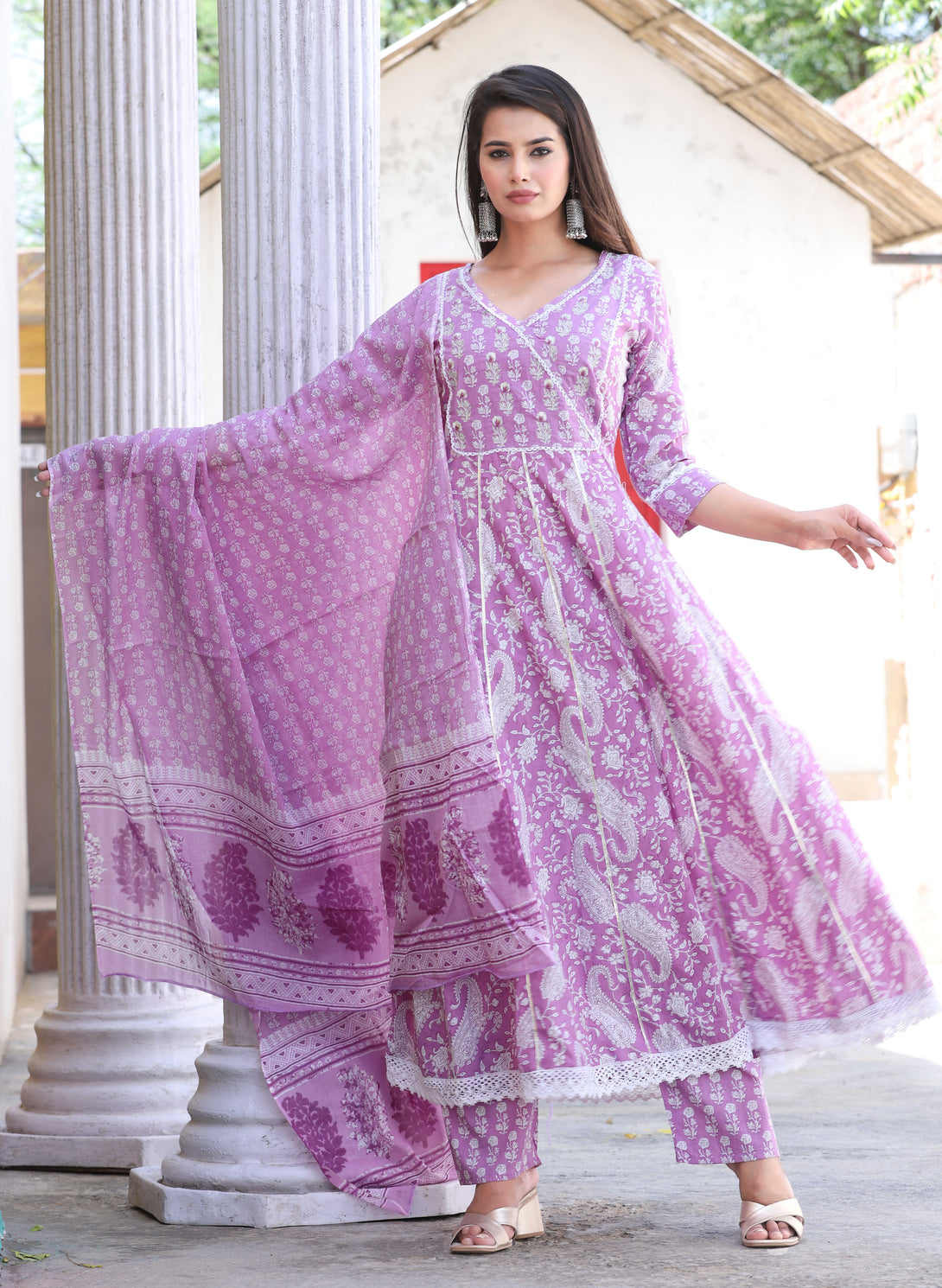 Women's Anarkali Cotton Printed Embroidered Kurta With Pants And Dupatta - Singni