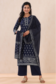 Women's Indigo Rayon Printed Straight Kurta Palazzo Dupatta Set - Juniper