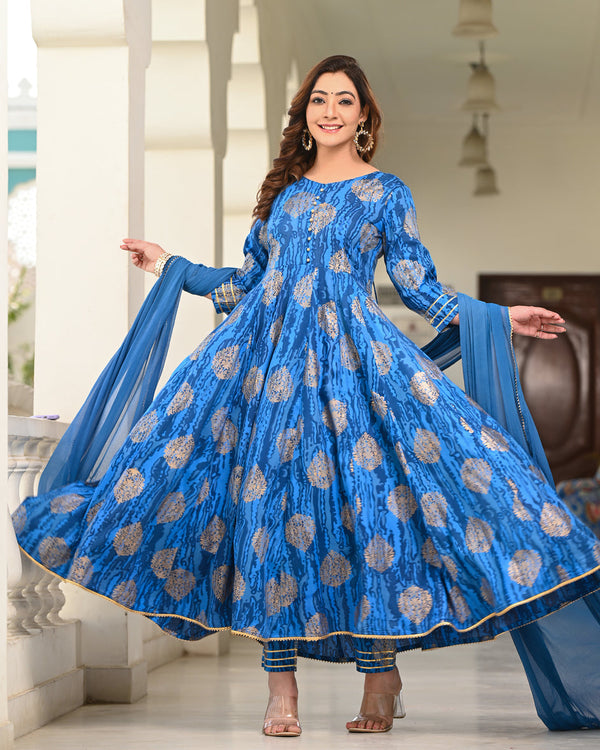 Women's Blue Rayon Printed Anarkali Kurta - Indi Inside