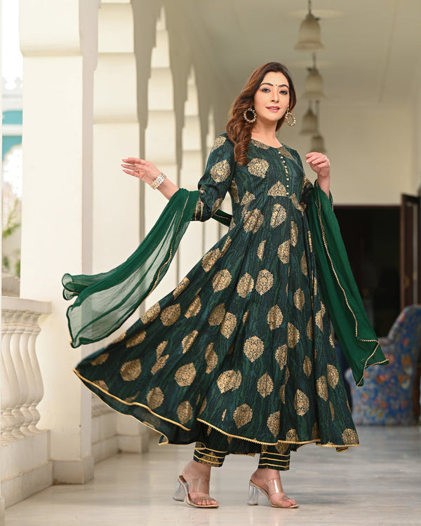 Women's Green Rayon Printed Anarkali Kurta - Indi Inside