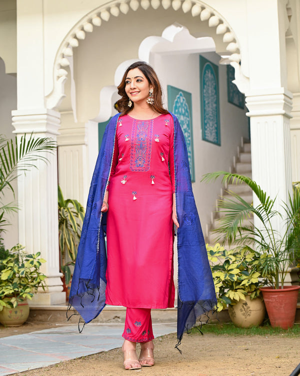 Women's Pink Viscose Rayon Embroidered Kurta Pant Set With Dupatta - Indi Inside