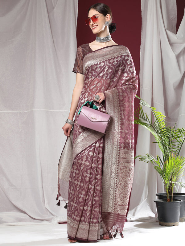 Women's Wine Woven Soft Organza Silk Saree With Tassels - Vishnu Weaves