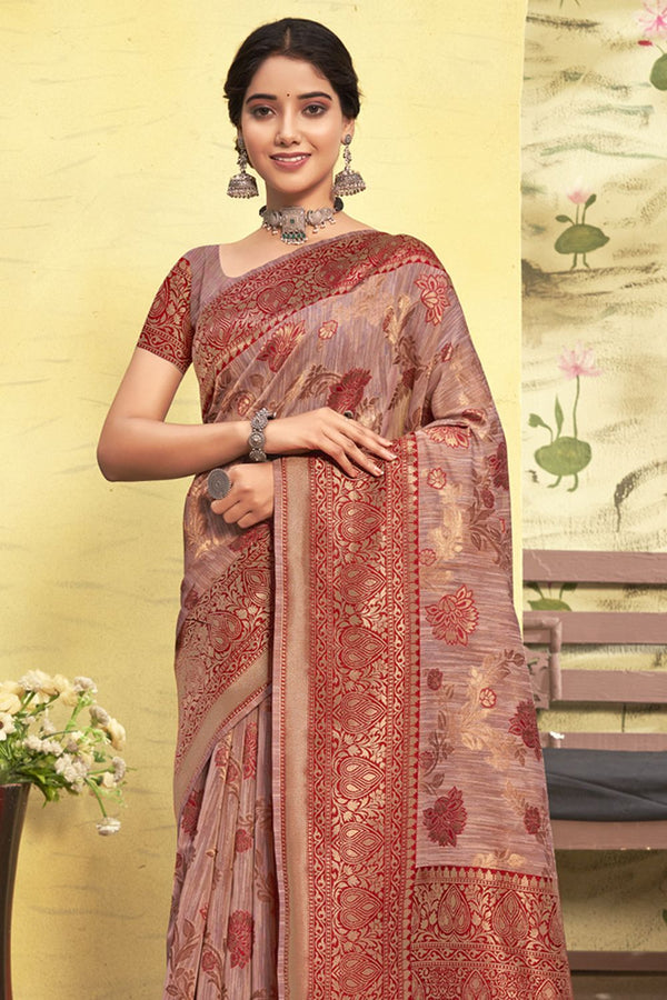 Women's Light Pink Cotton Woven Zari Work Traditional Tassle Saree - Sangam Prints