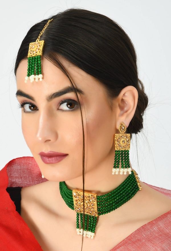 Johar Kamal Traditional Green Color Kundan & Pearls Necklace Set Jkms_035