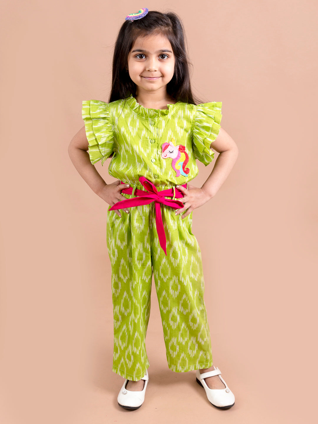 Girls Green Magenta Printed Basic Jumpsuit - Ps Peaches