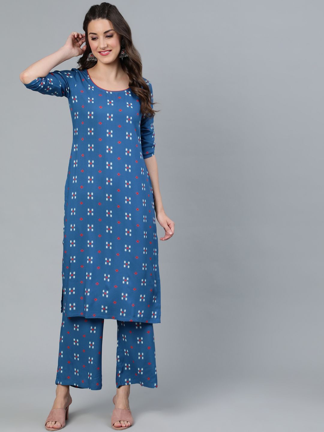 Women's Blue Printed Straight Kurta With Palazzo Set - AKS