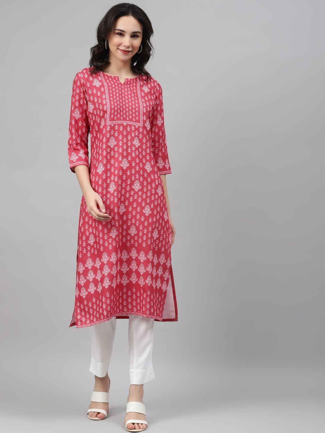 Women's Pink Color Screen Print Straight Kurta And Pant Set - Ziyaa