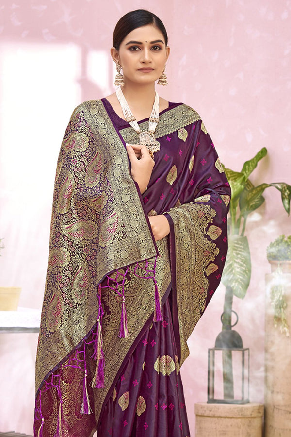 Women's Purple Silk Woven Zari Work Traditional Tassle Saree - Sangam Prints