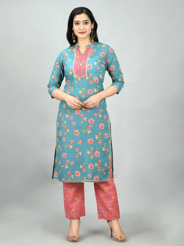 Women's Multi Poly Cotton Printed 3/4 Sleeve Mandarin Neck Casual Kurta Pant Set - Myshka