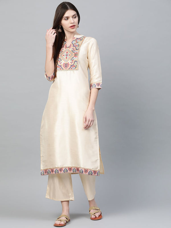 Women's Cream Colour Dyed Straight Polysilk Kurta With Palazzo / Kurta Set - Ziyaa