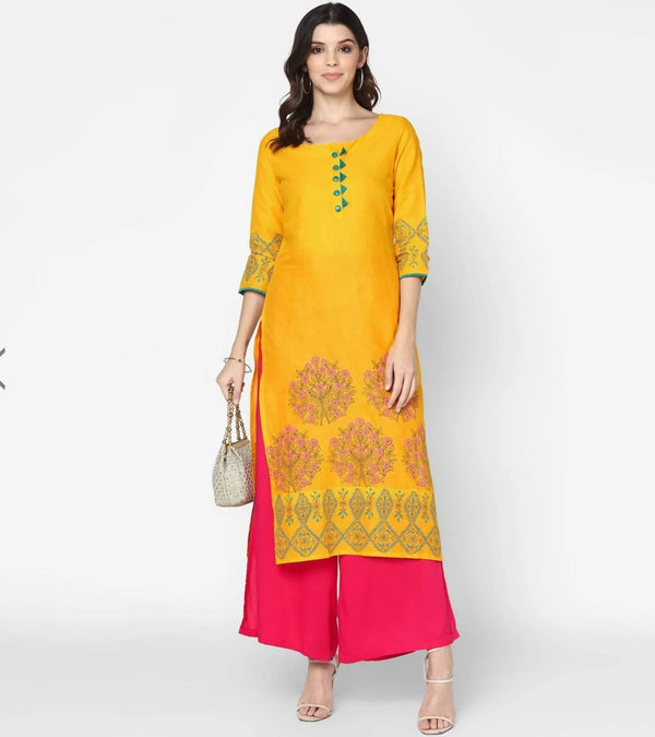 Women's Mustard 100% Cotton Hand Block Print Straight Kurta Only - Ready To Ship Usa