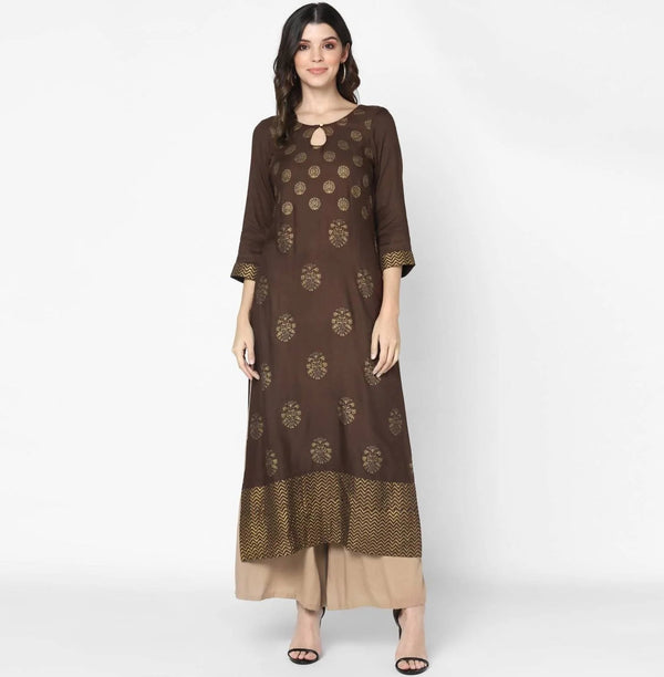 Women's Brown 100% Cotton Hand Block Print A-Line Kurta Only - Cheera