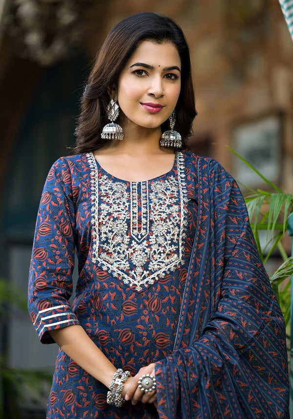 Indigo Blue Ethnic Motifs Dori_Embroidery Kurta Sharara With Dupatta Set-Indiakreations-JS1741SKDBLS