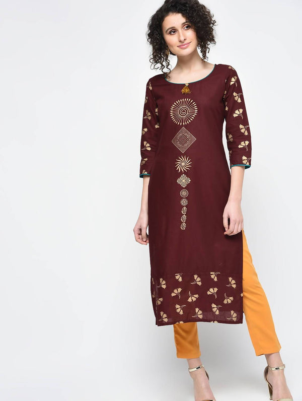 Women's Coffee Hand Block Print Straight Kurta Only - Cheera