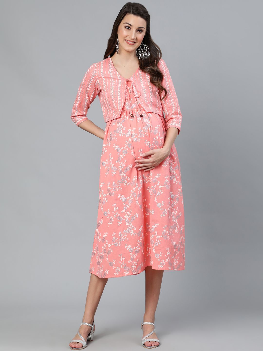 Women's Peach & White Khari Printed Maternity Dress - AKS