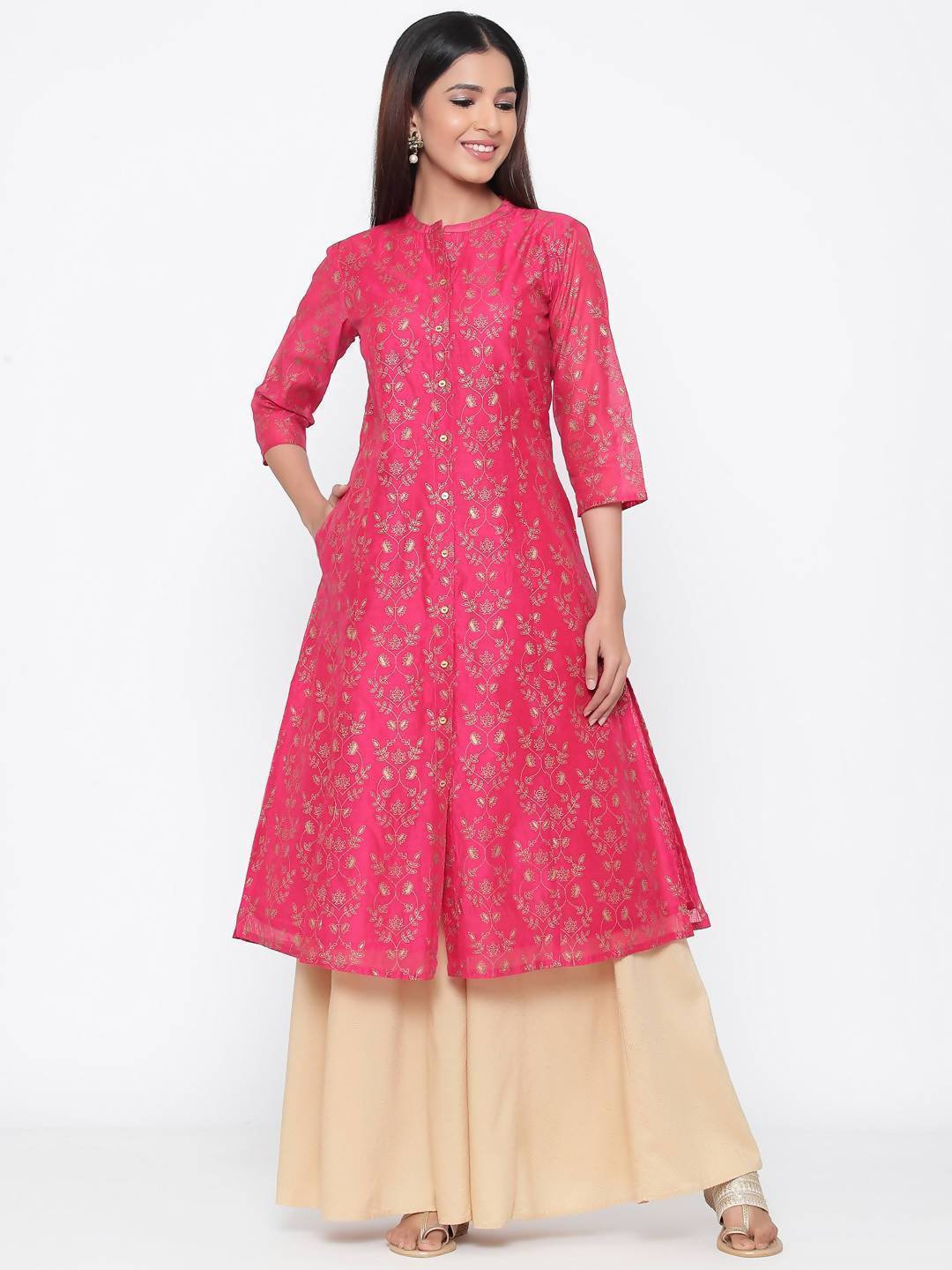 Women's Chanderi Printed A-Line Kurta - Juniper