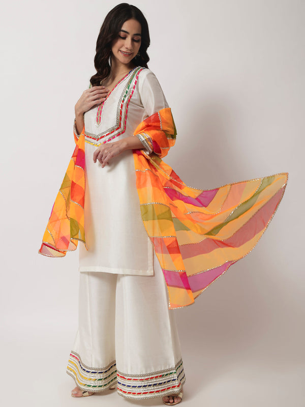 Women's Charming Ivory Kurti With Kalidaar Palazzo And Multi-Colour Leheriya Dupatta - Anokherang