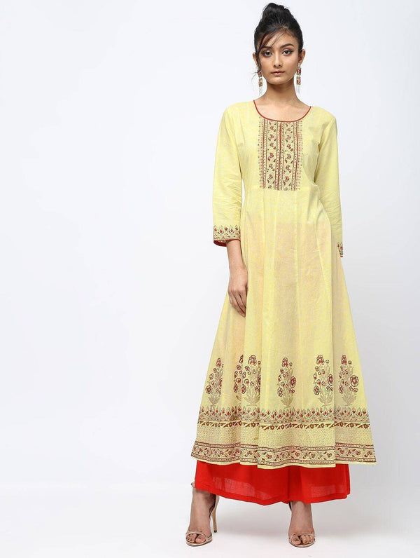 Women's Lemon Yellow Kalidar Anarkali Foil Print Kurta Only - Cheera