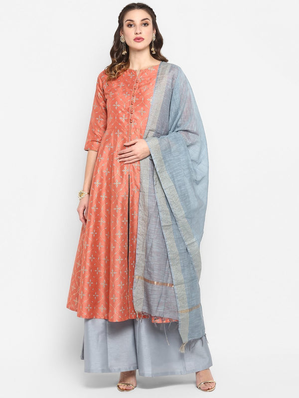 Women's Peach Poly Silk Kurta With Palazzo And Dupatta - Janasya