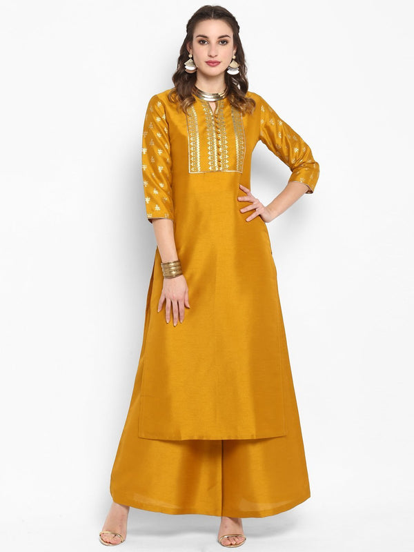 Women's Mustard Poly Silk Kurta With Palazzo-Janasya