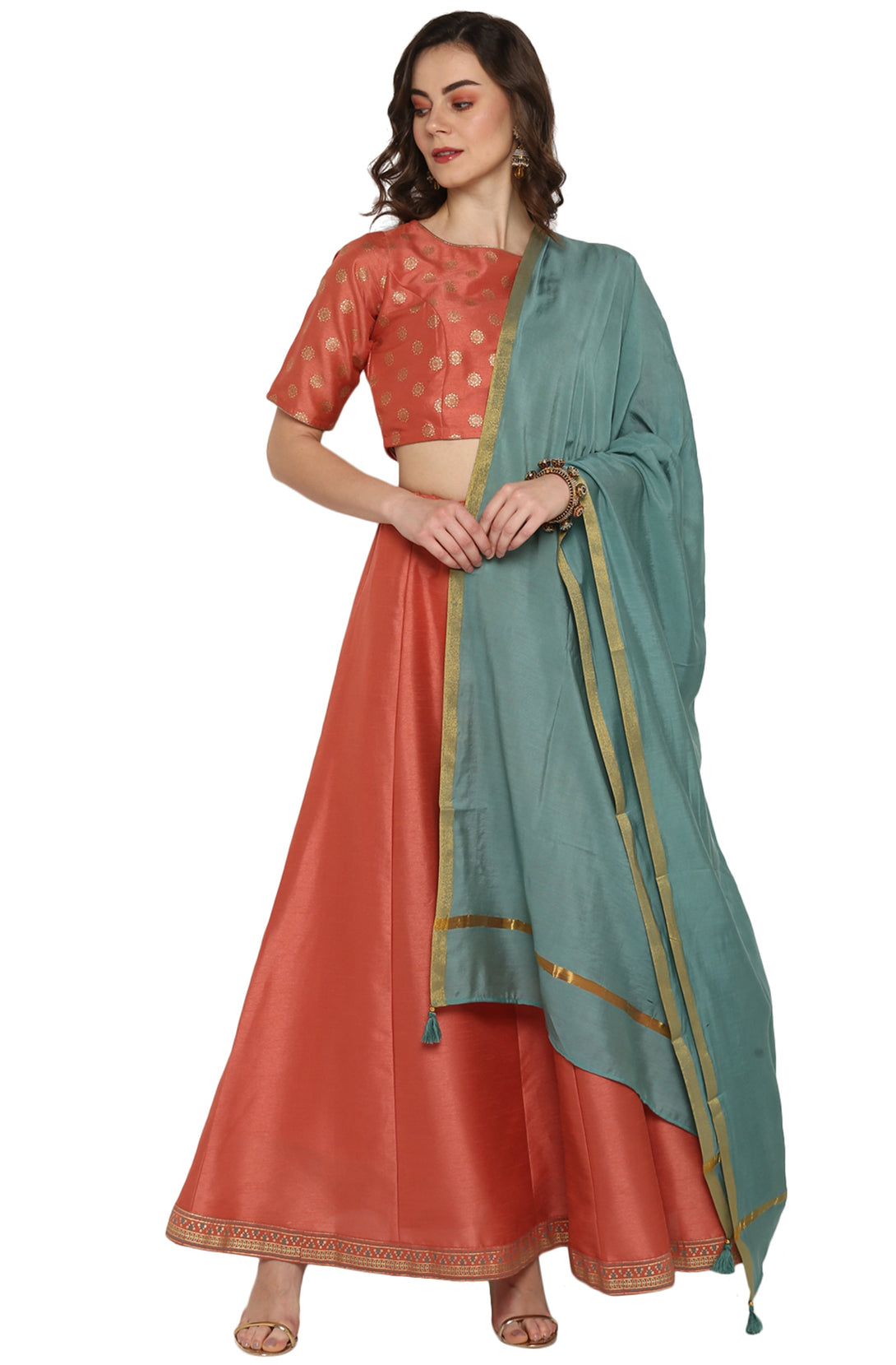 Women's Peach Poly Silk Floral Print Lehenga Choli With Dupatta - Manohara