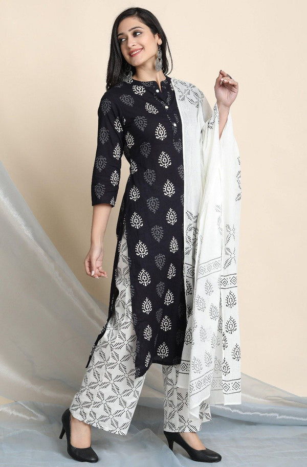 Women's Black Cotton Kurta With Palazzo And Dupatta-Janasya